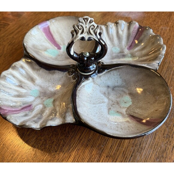 Mid Century Vintage Traditional Japan Drip Glaze Pottery 4 Section Tidbit Tray - Picture 3 of 6